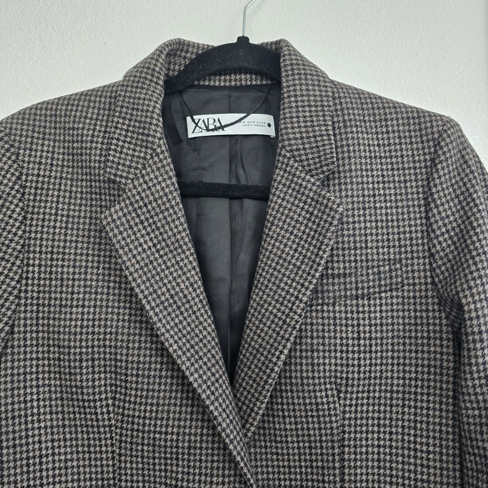 Zara Wool Blend Blazer Sz M Brown Houndstooth Plaid Tailored Career Old Money - Picture 5 of 16
